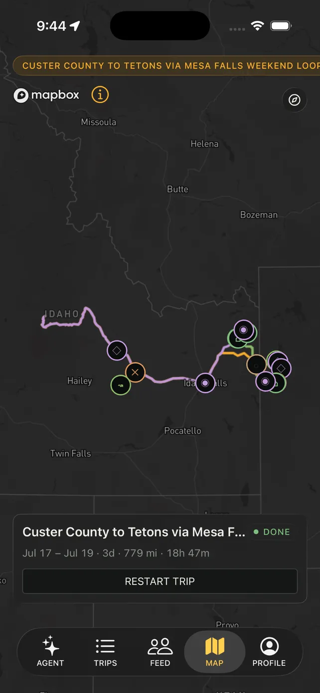 Map tab: a color-coded route from Custer County to the Tetons with categorized stop markers