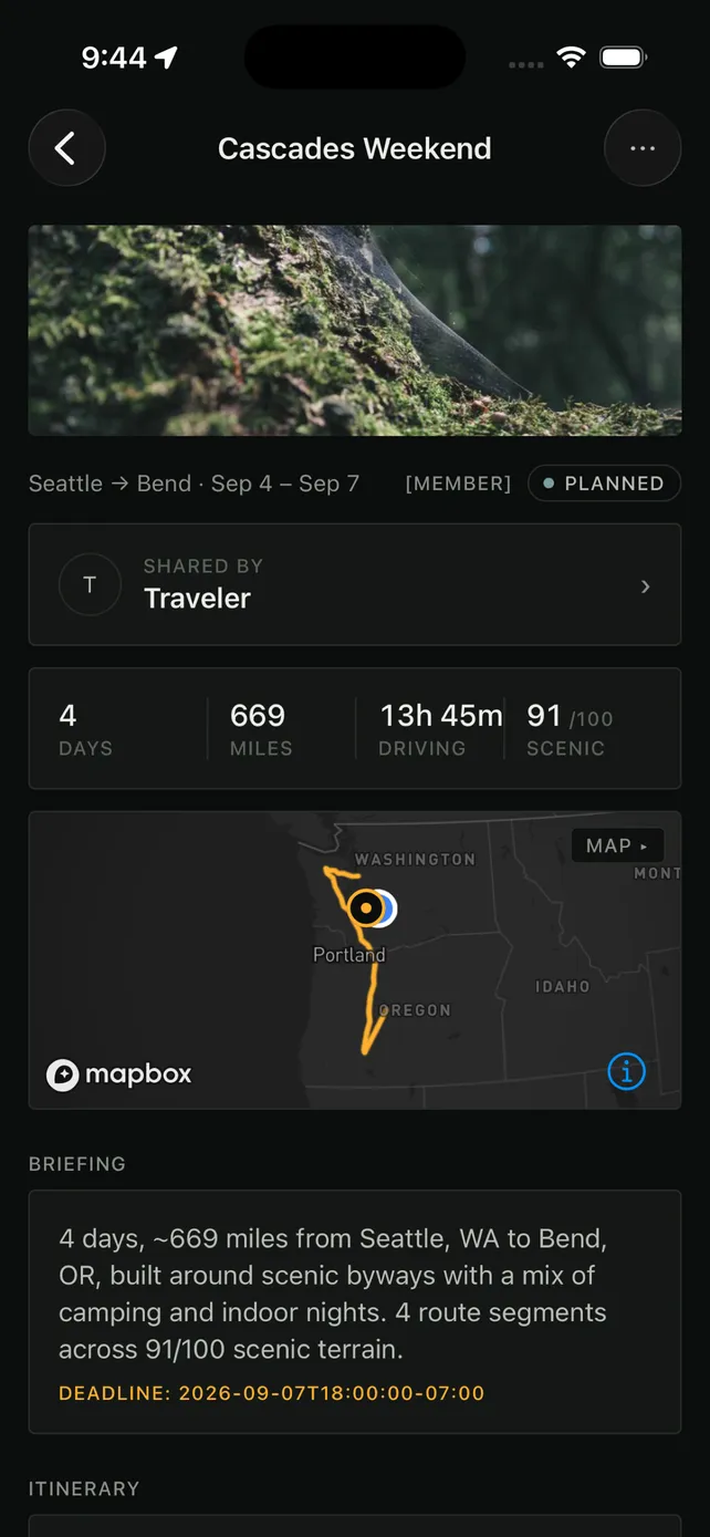 Trip detail: Cascades Weekend with stats, route map, and agent briefing