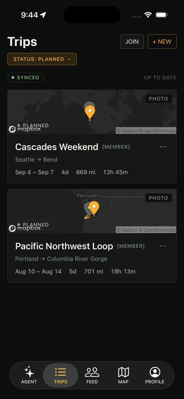 Trips tab: planned trips with sync status, dates, mileage, and drive time