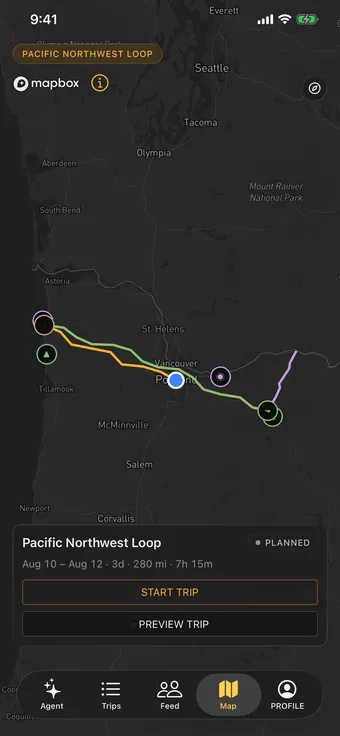Map tab: the Pacific Northwest Loop drawn day by day in color-coded legs from Portland to the coast, with categorized stop markers