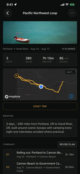 Trip detail: Pacific Northwest Loop with day, mileage, and scenic-score stats, a route map, and the agent's briefing