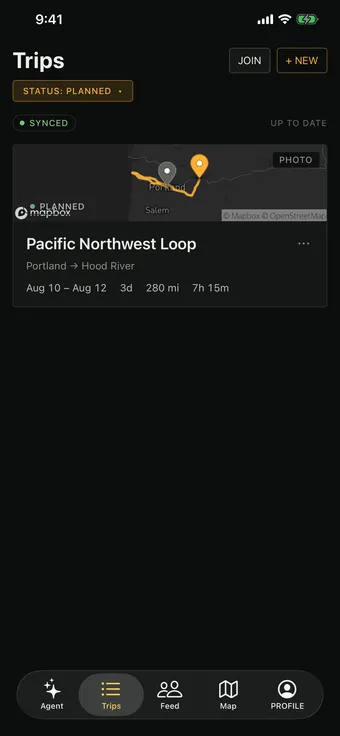 Trips tab: planned trips with sync status, dates, mileage, and drive time
